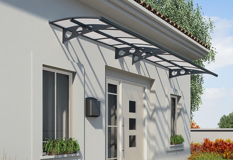 Herald Door Awning Kit - 139cm x 447cm - Grey Structure & Clear Twin Wall Panels - Image 2