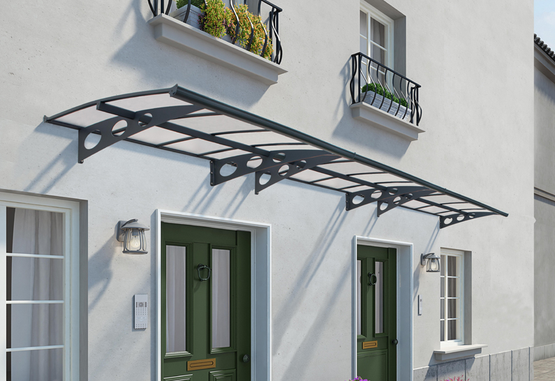 Herald Door Awning Kit - 139cm x 670.5cm - Grey Structure & Clear Twin Wall Panels - Image 2