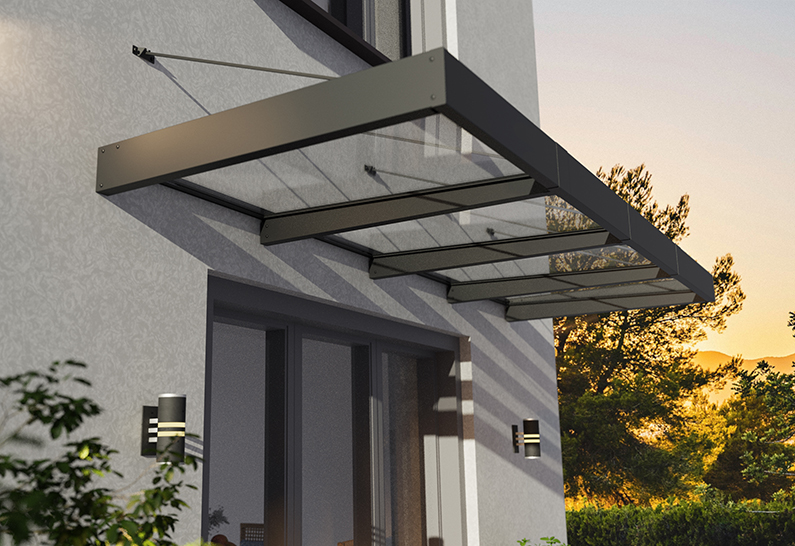 Sophia XL Door Awning Kit -140cm x 379cm Grey Structure & Clear Panels - Image 2